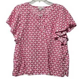 Linen Charter Club Luxury Linen Geometric Print Short Sleeve Top Large Preppy